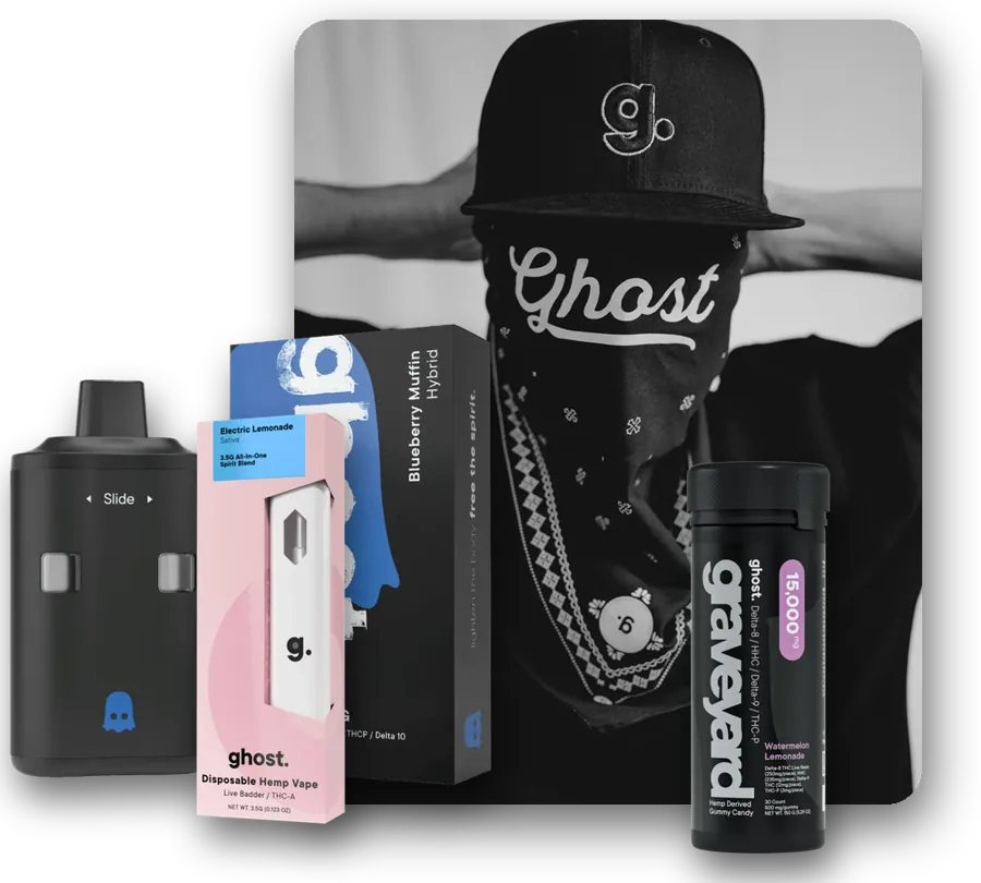 Ghost carts and Ghost vapes: Slide Piece 7g, Spirit Blend 3.5g and Graveyard gummies